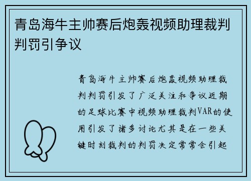青岛海牛主帅赛后炮轰视频助理裁判判罚引争议 青岛海牛主帅赛后炮轰视频助理裁判判罚引争议